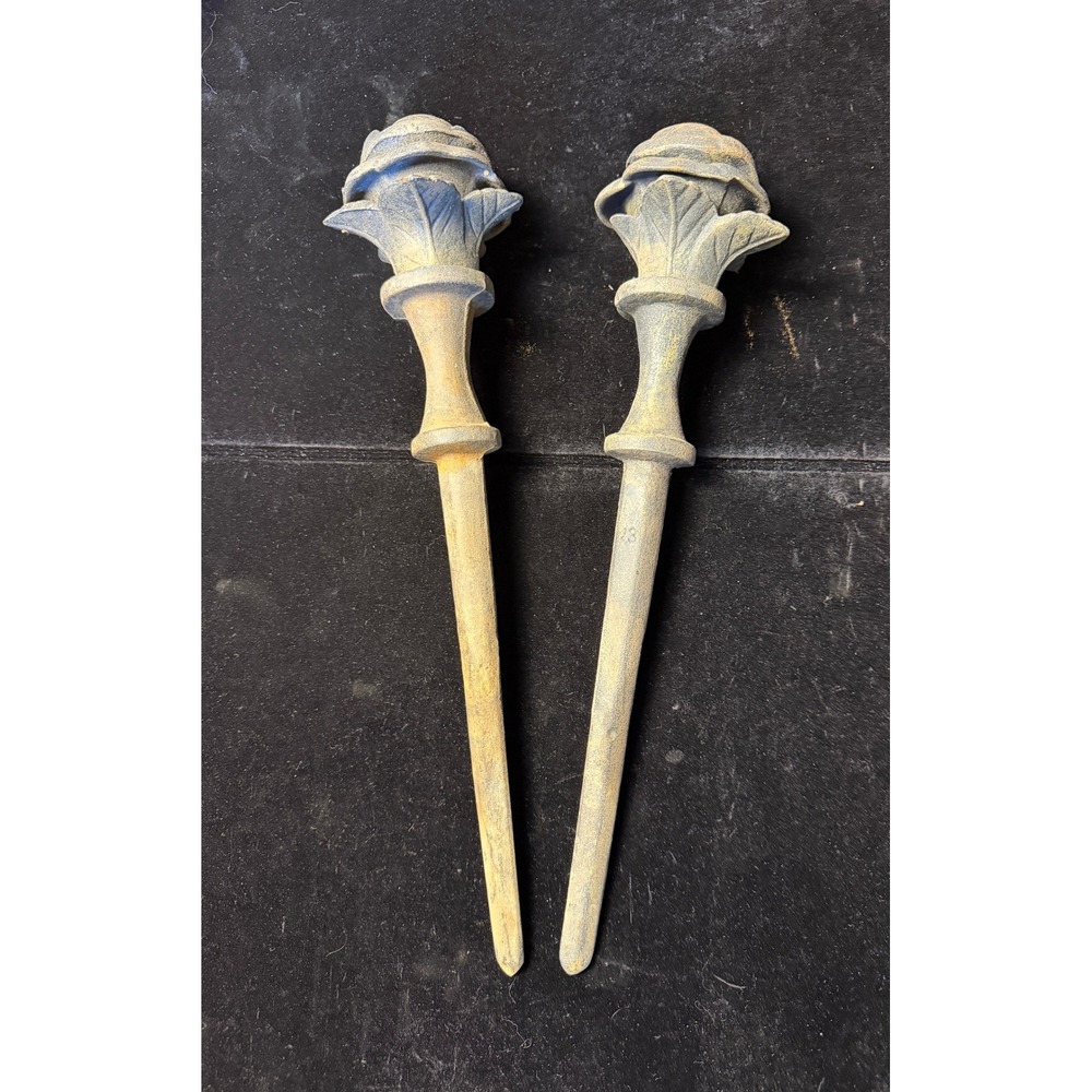 Vintage Cast Iron Rose Finials Garden Stakes, Rustic Set of 2